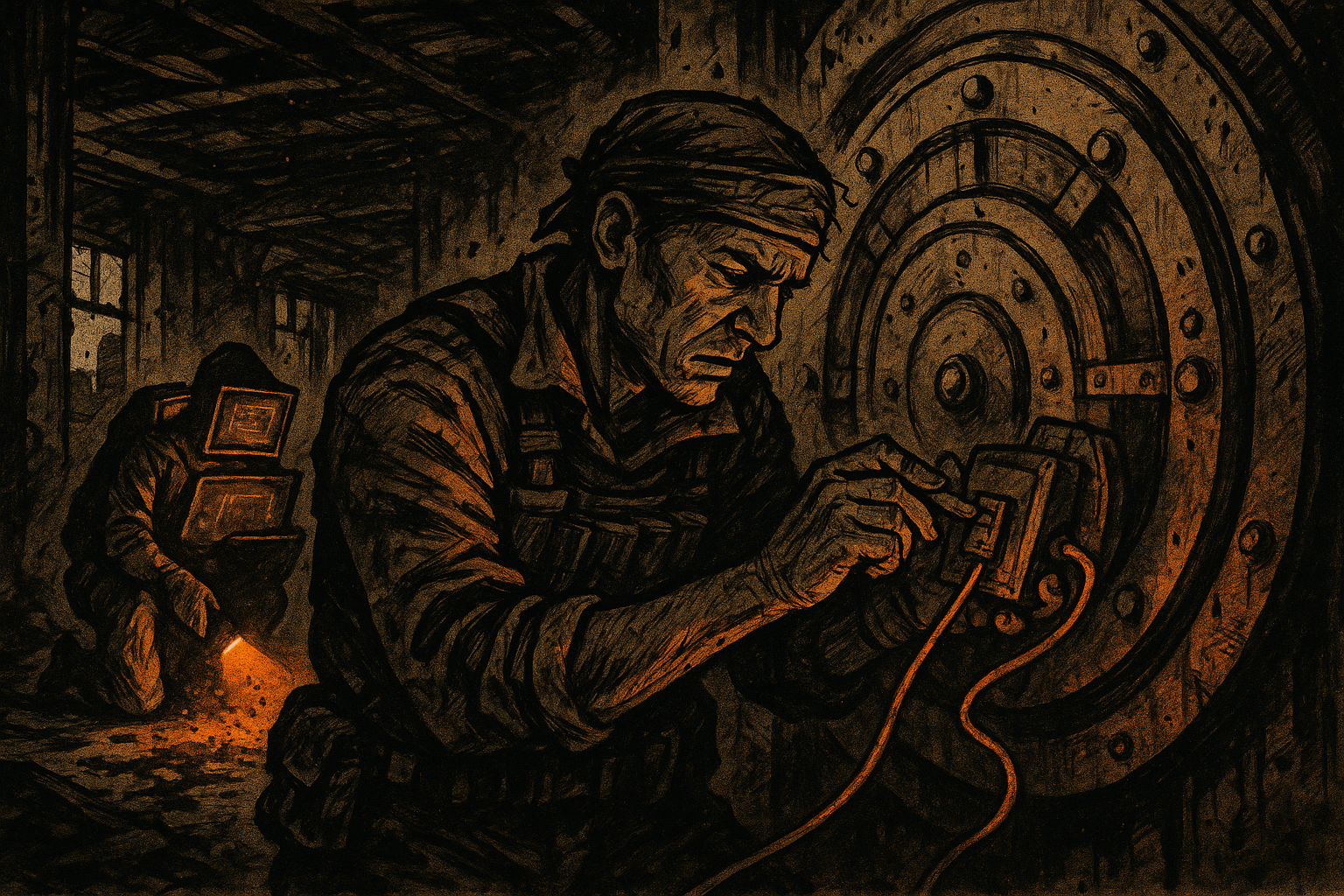 A demolitions expert places charges on a vault door while a forensics investigator examines a crime scene behind them