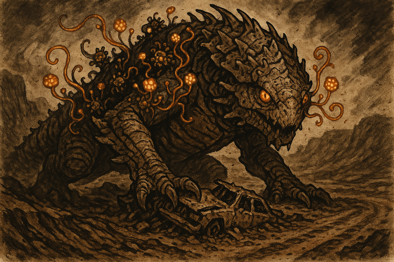 A legendary apex predator crouches over a destroyed vehicle, parasitic organisms clinging to its armored body