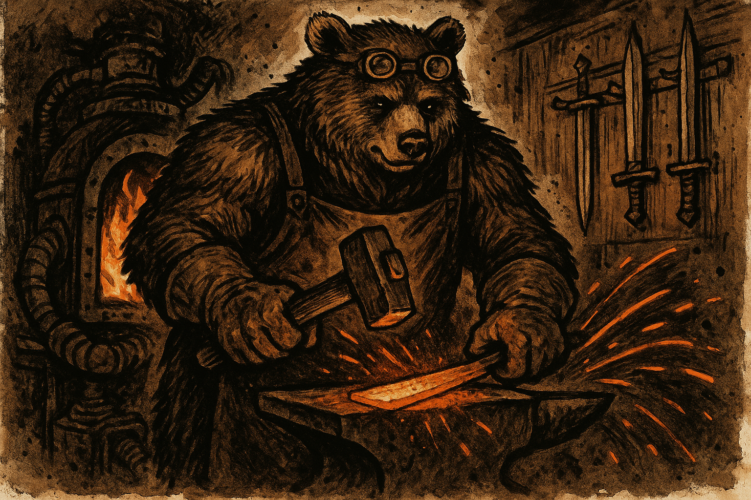 A bear mutant blacksmith hammers glowing metal at a makeshift forge, crafting weapons for wasteland survivors