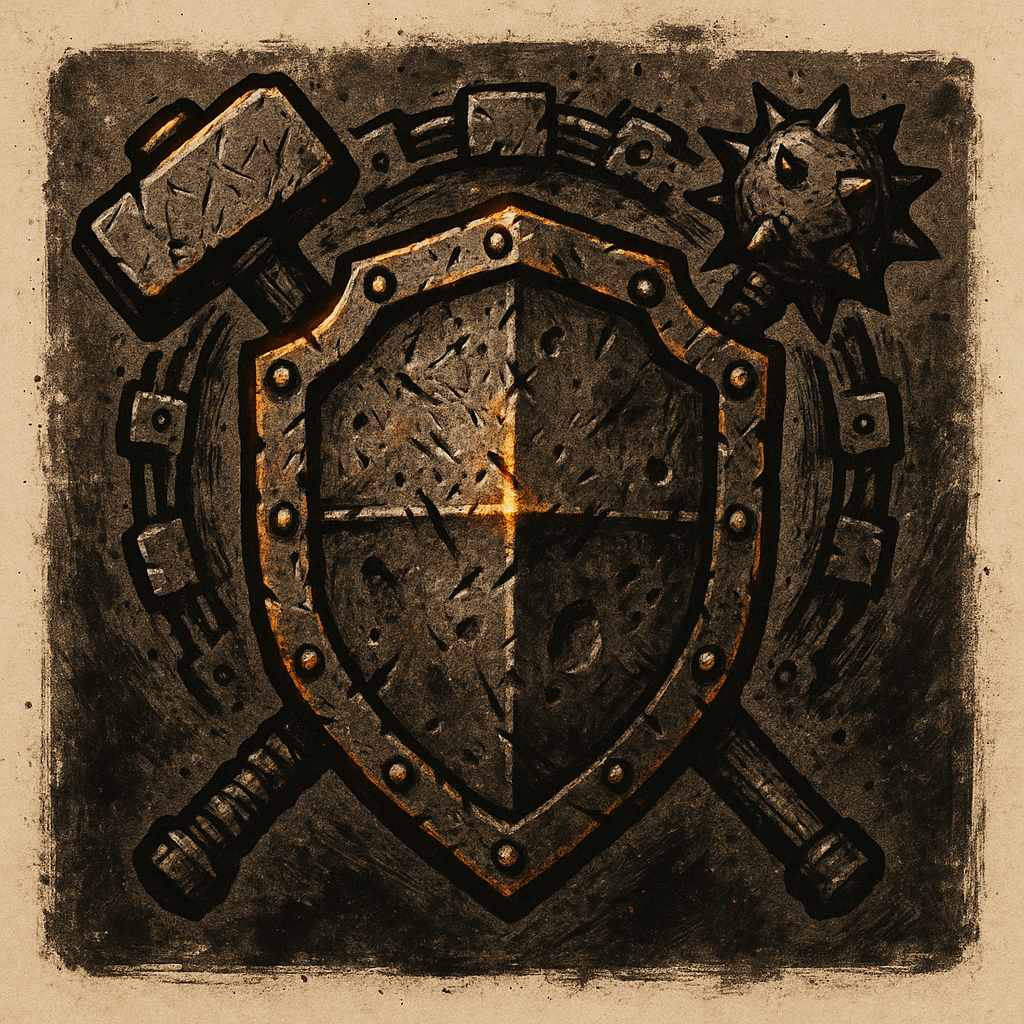 A heraldic emblem — a massive reinforced tower shield with crossed warhammer and mace, surrounded by armor plates and chain links