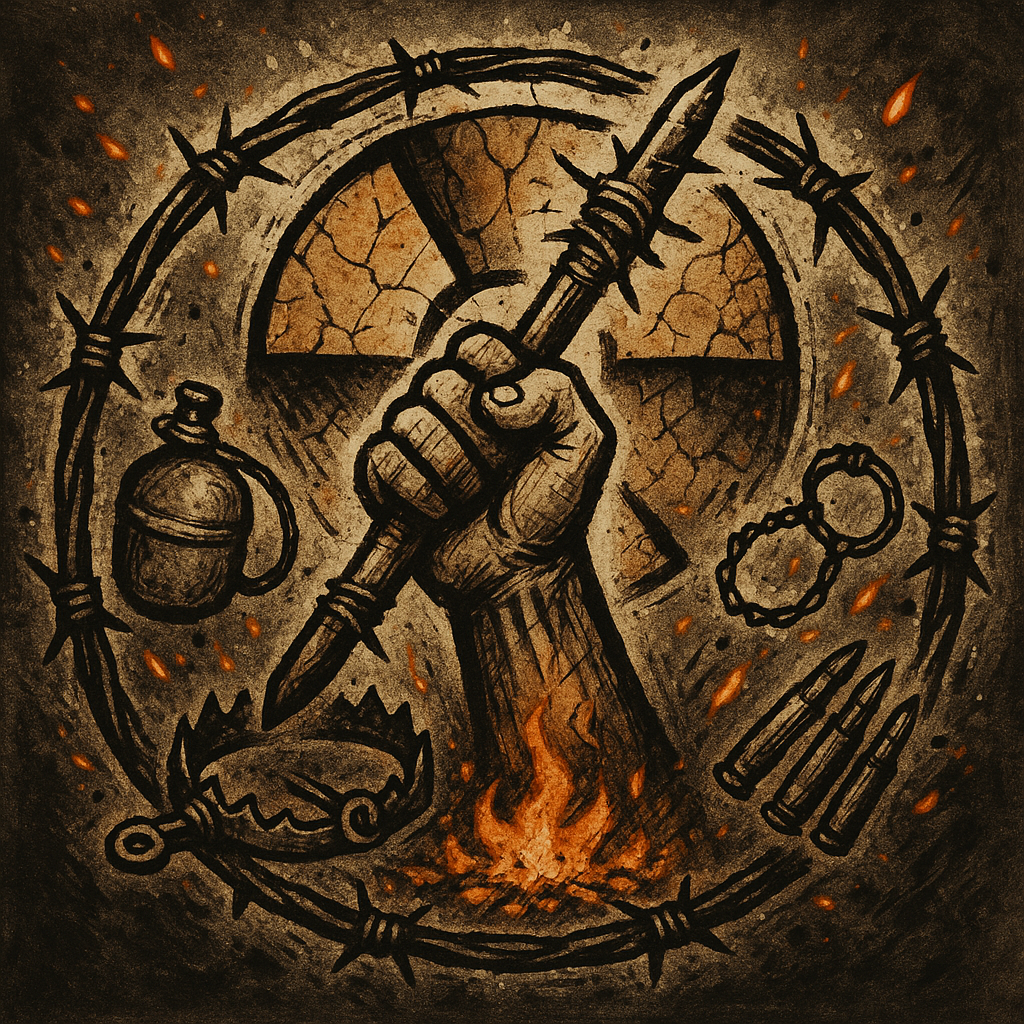 A heraldic emblem — a clenched fist gripping improvised rebar, framed by barbed wire and a cracked radiation symbol