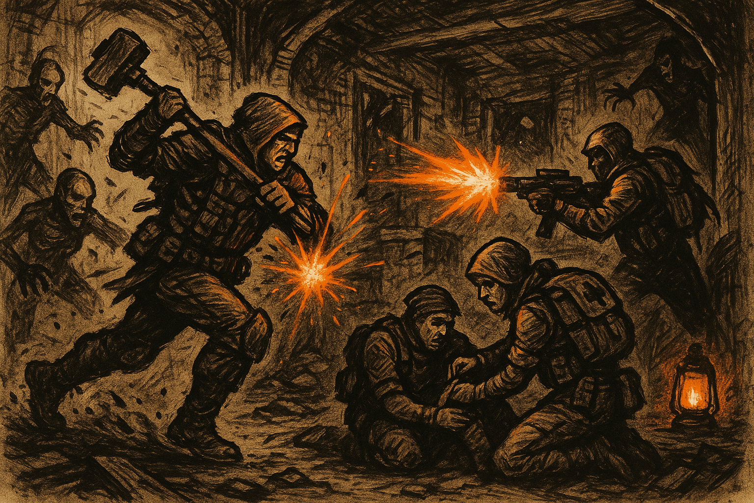 A tactical combat scene in the wasteland