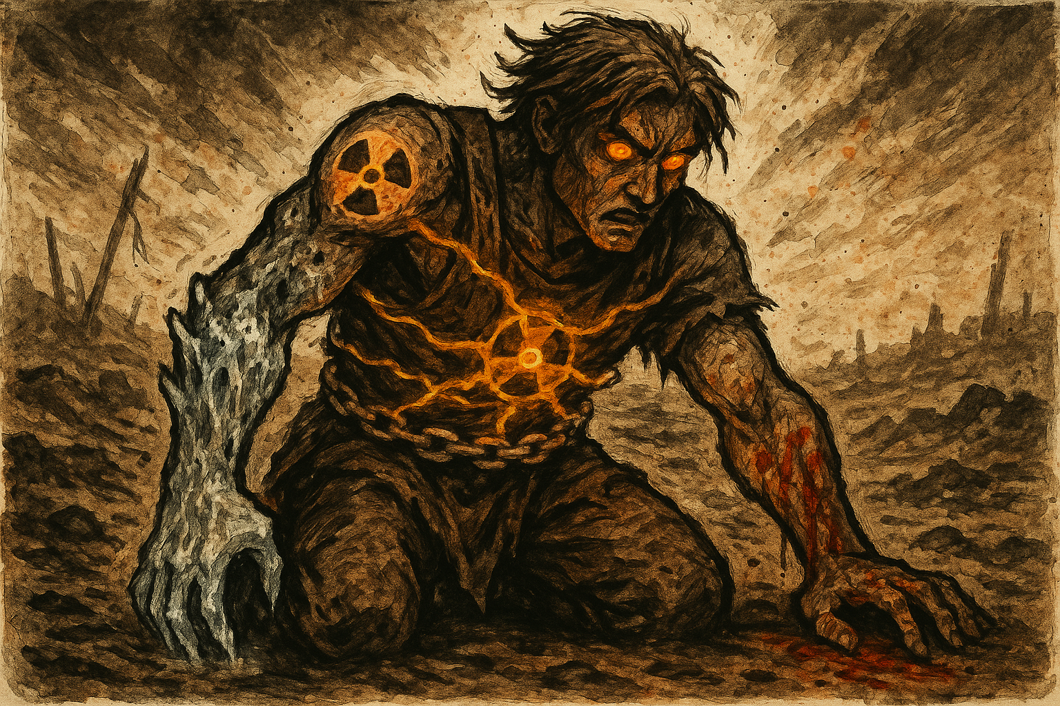 A warrior fights through multiple afflictions — frost, bleeding, radiation, and binding energy