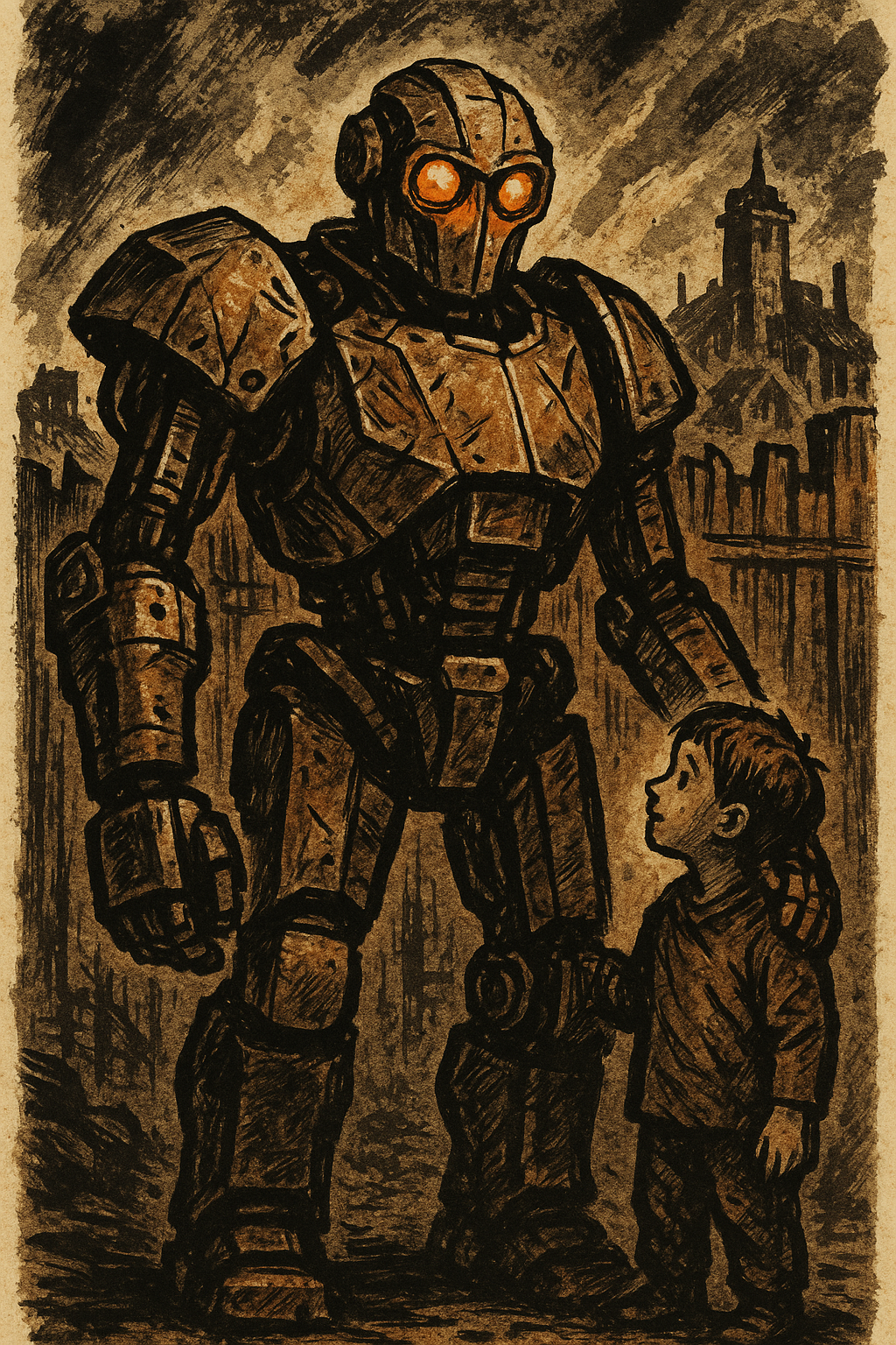 A construct guardian stands vigilant, mechanical eyes scanning for threats to their settlement