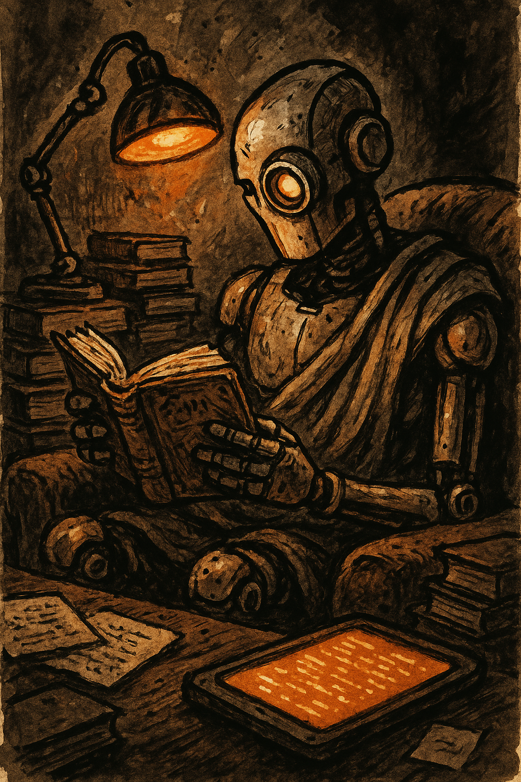 A mechanical construct scholar reads a crumbling pre-war manual, surrounded by stacks of salvaged books and data tablets