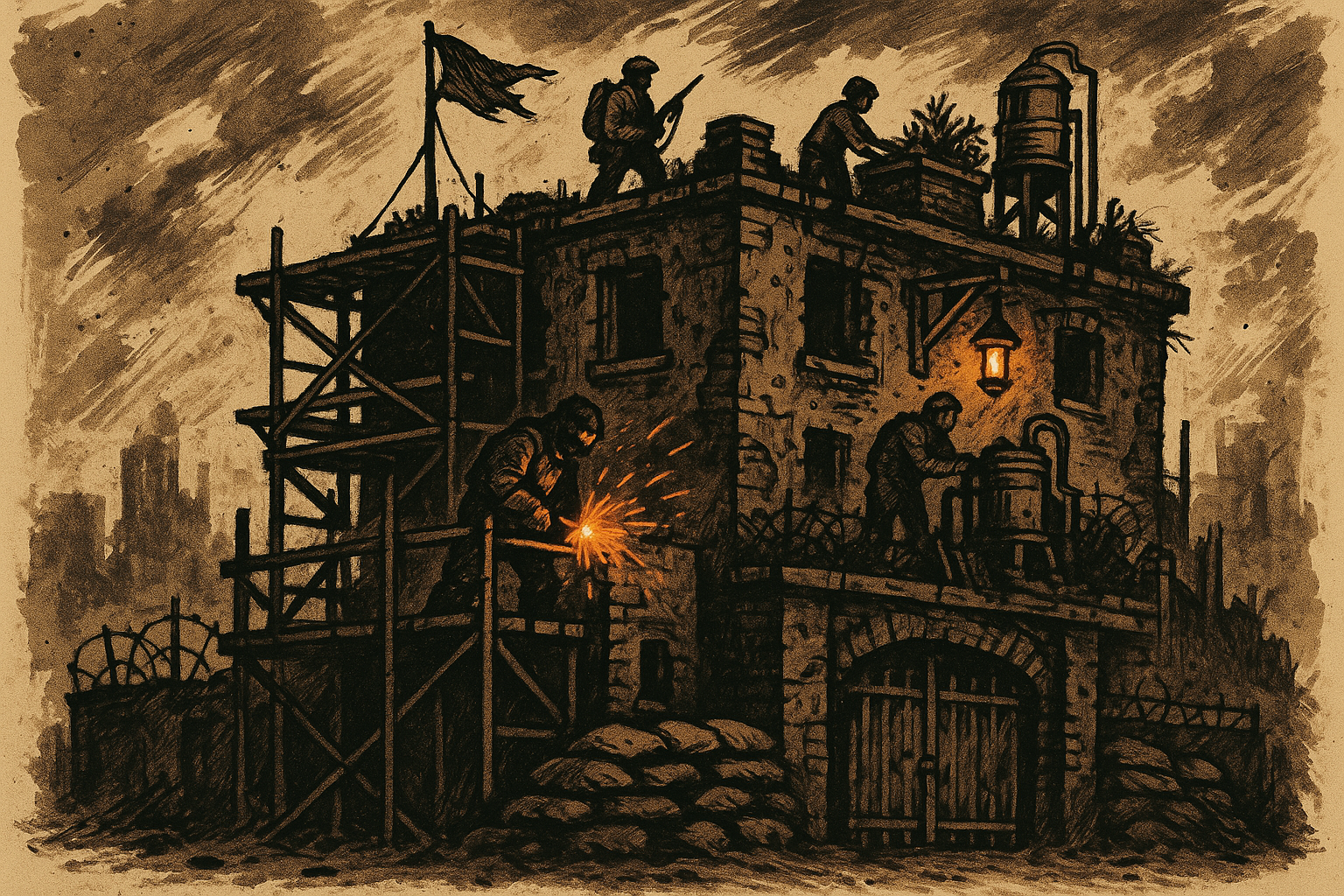 Survivors fortify a reclaimed building, turning rubble into a functioning base of operations