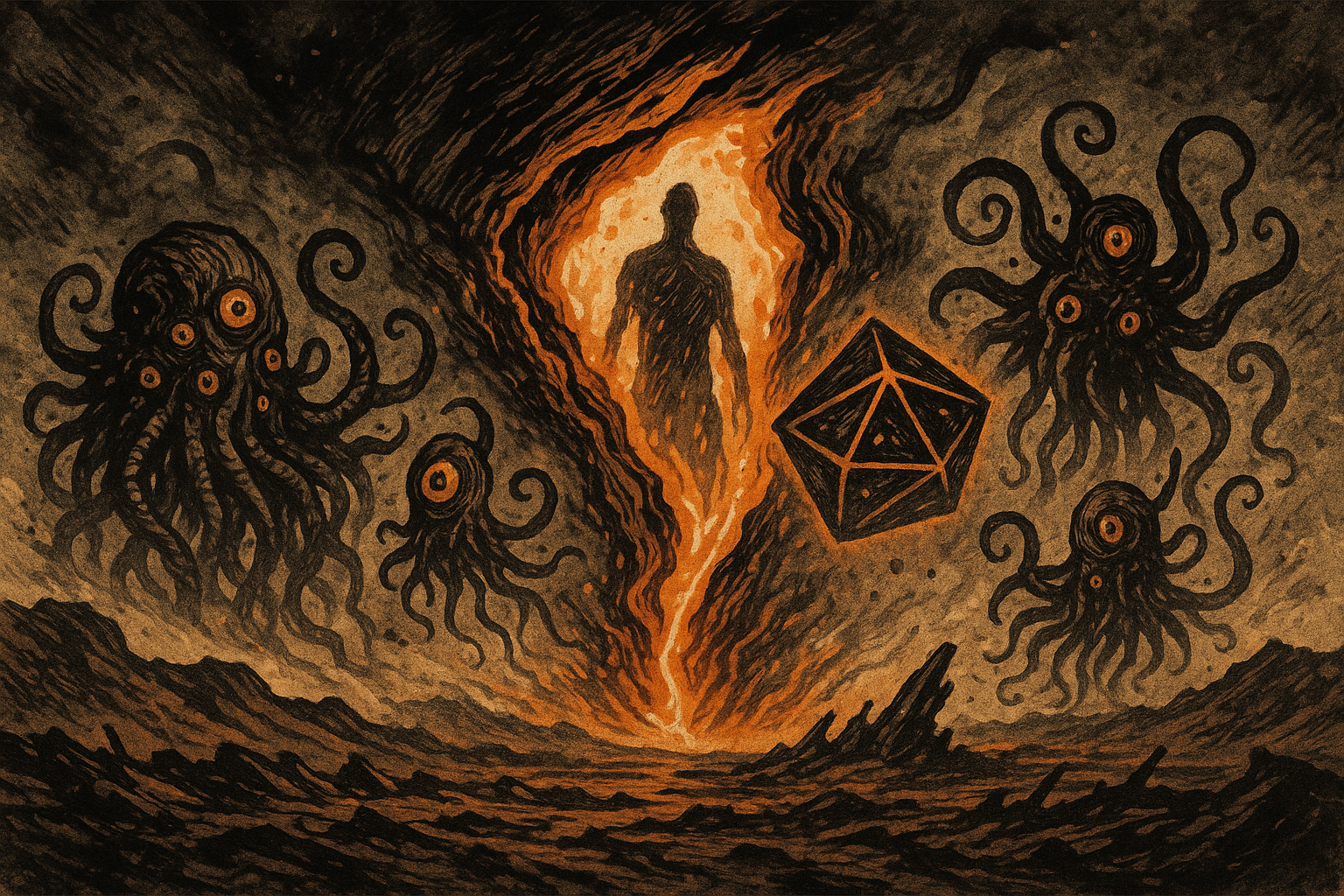 Eldritch horrors pour through a dimensional rift, their alien geometries warping the wasteland around them