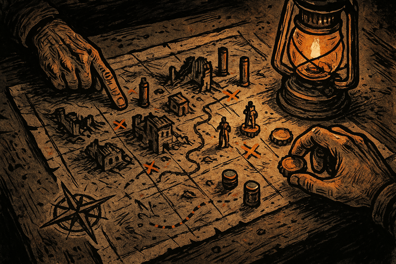 A tactical battle map spread across a salvaged table, lit by lantern light — bullet casings and bottle caps serve as miniatures