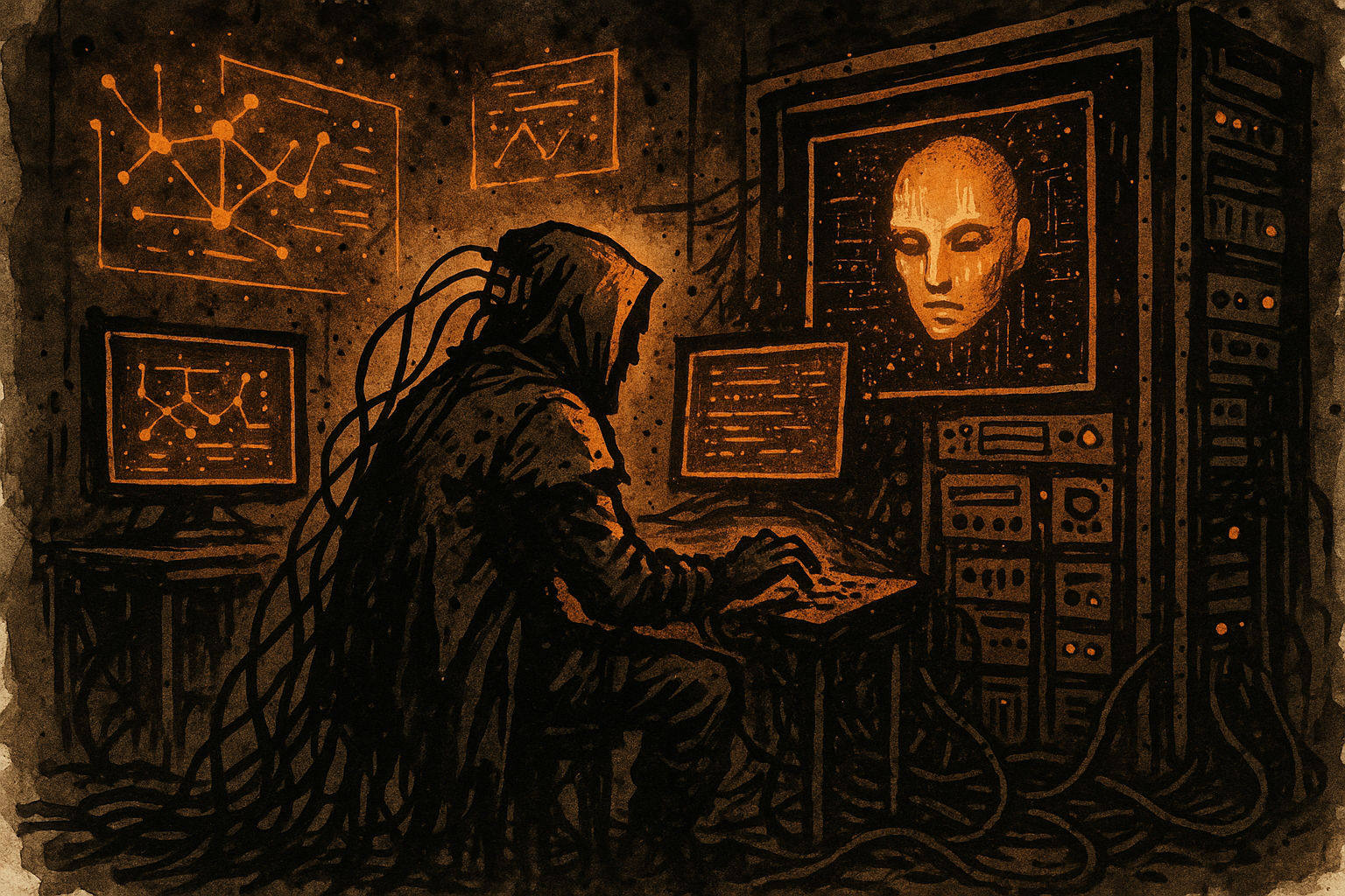 A hooded hacker sits surrounded by tangled cables and flickering monitors, an AI guardian's ghostly face watching from the largest screen