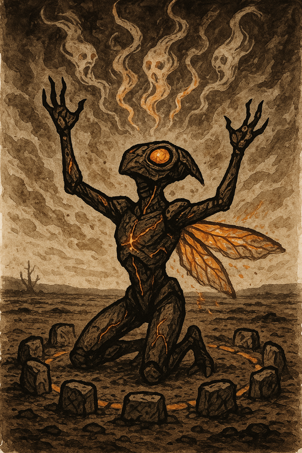 An insectoid channeler communes with otherworldly forces, chitin glowing with spiritual energy