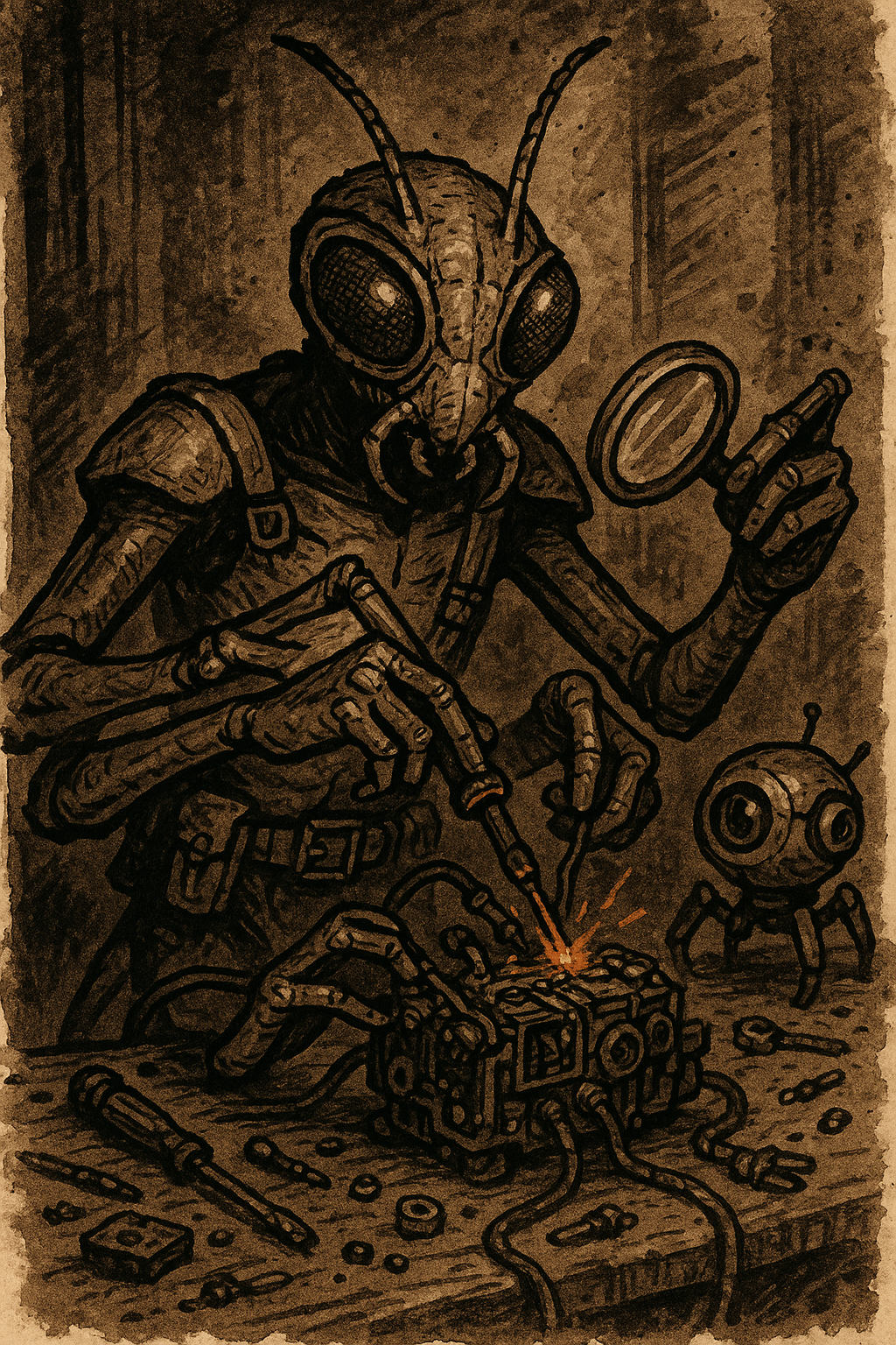 An insectoid technician carefully assembles intricate machinery with multi-jointed limbs