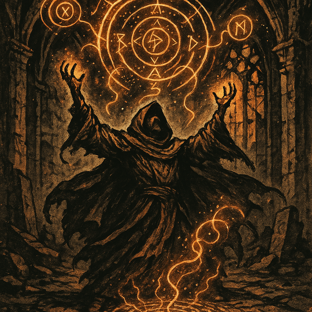 A channeler stands in a ruined cathedral, arms raised as arcane sigils and spiraling energy erupt from glyphs carved into the broken stone floor