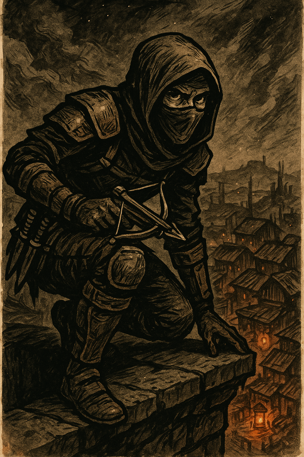 An operative perches in the shadows, watching the wasteland below with calculating eyes