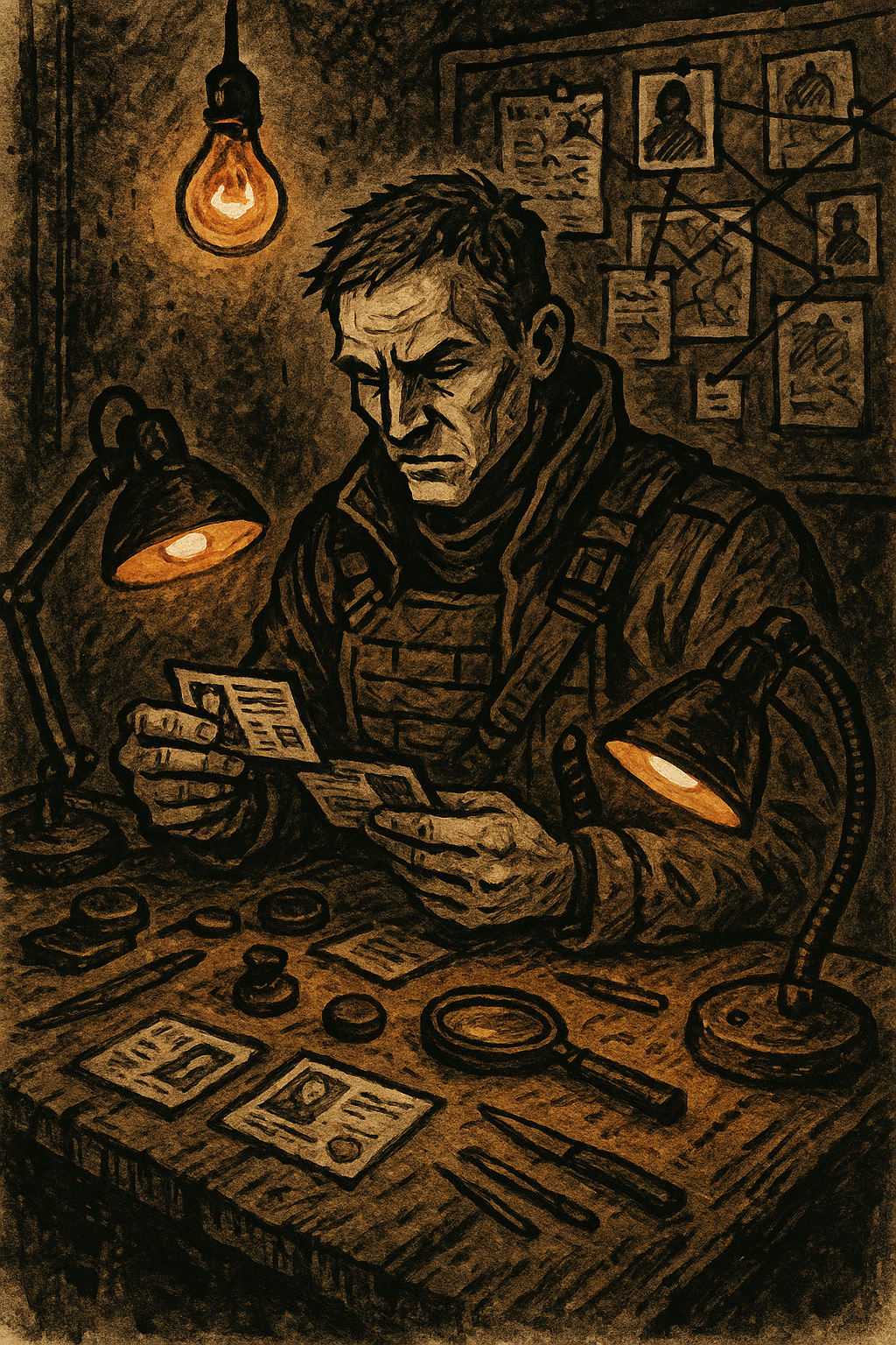 An operative examines identification documents, blending deception with deadly precision