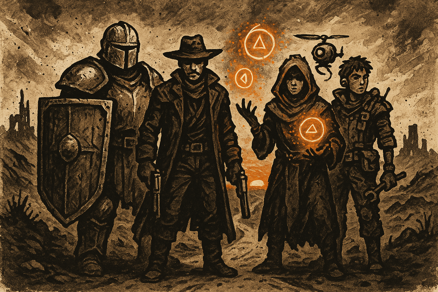 A party of wasteland adventurers stand at a crossroads in the ruins