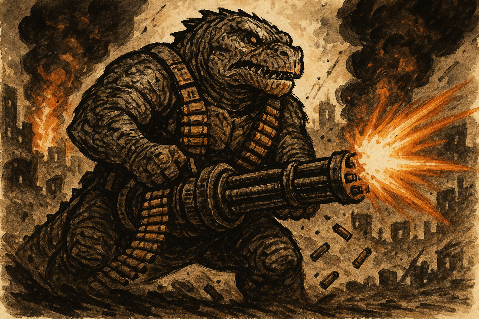 A reptilian heavy gunner unleashes devastating firepower across a war-torn battlefield