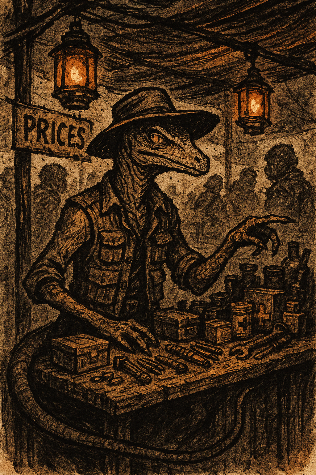A reptilian merchant displays salvaged wares, ready to barter for survival essentials