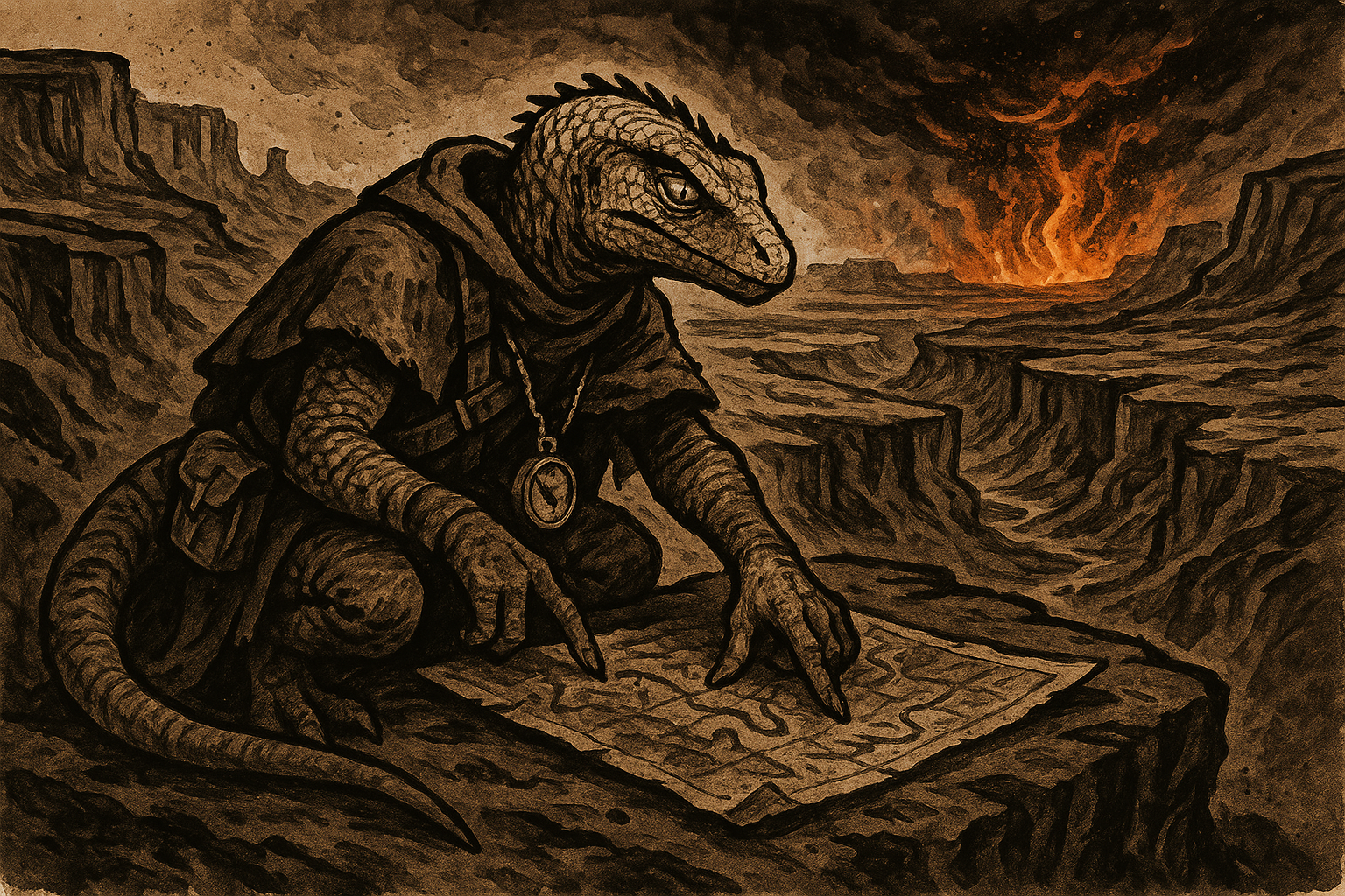 A reptilian navigator charts a course through treacherous wasteland terrain