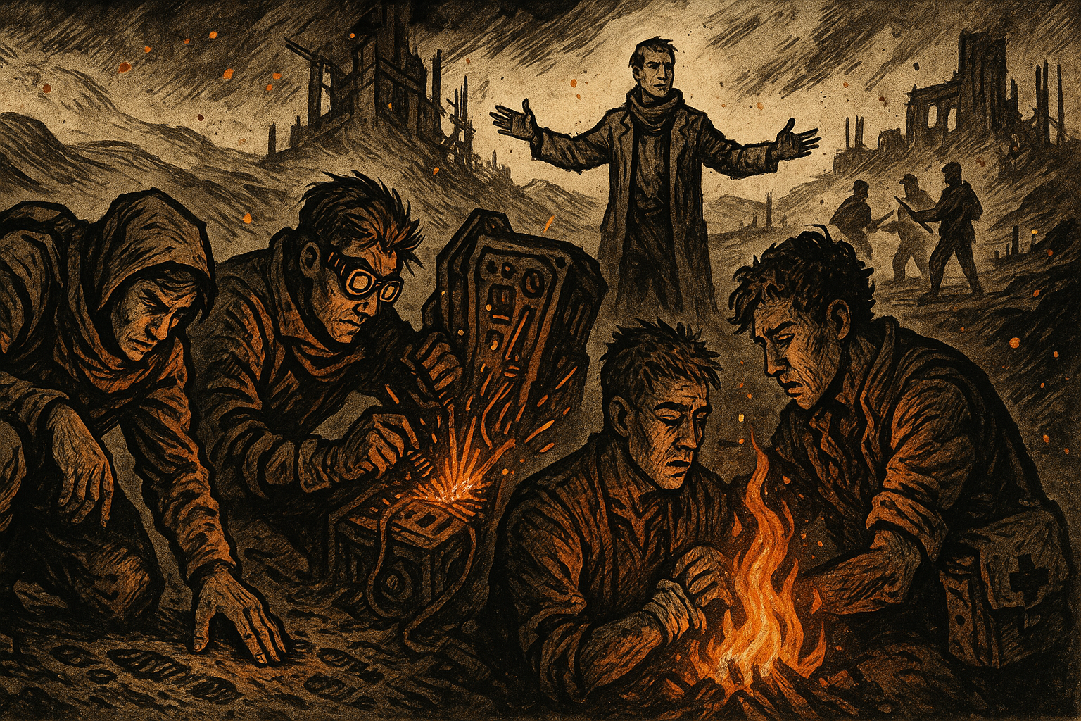 Wasteland survivors demonstrating diverse skills — tracking, engineering, diplomacy, and field medicine