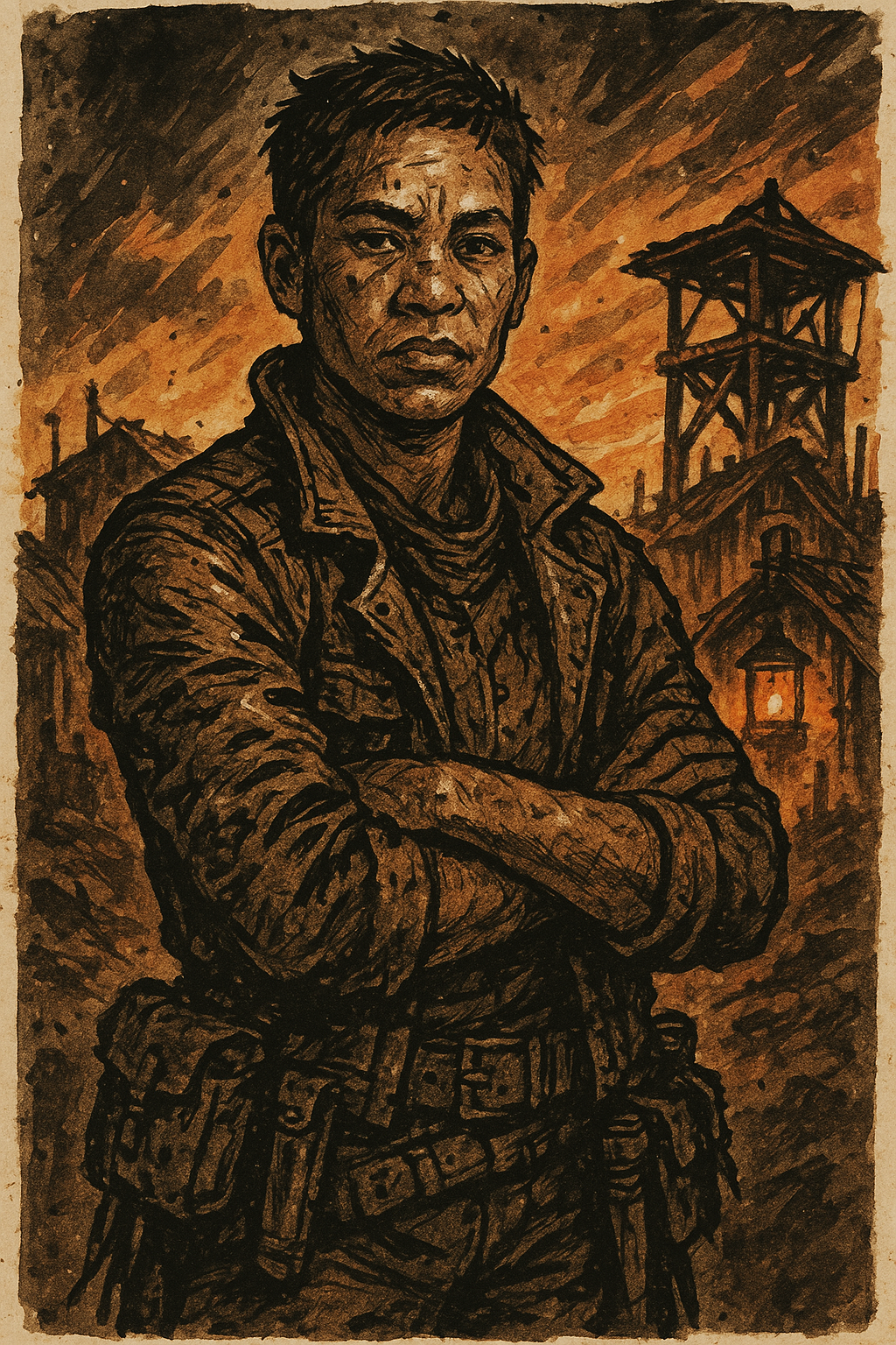 A weathered human survivor stands with arms crossed before a wasteland settlement