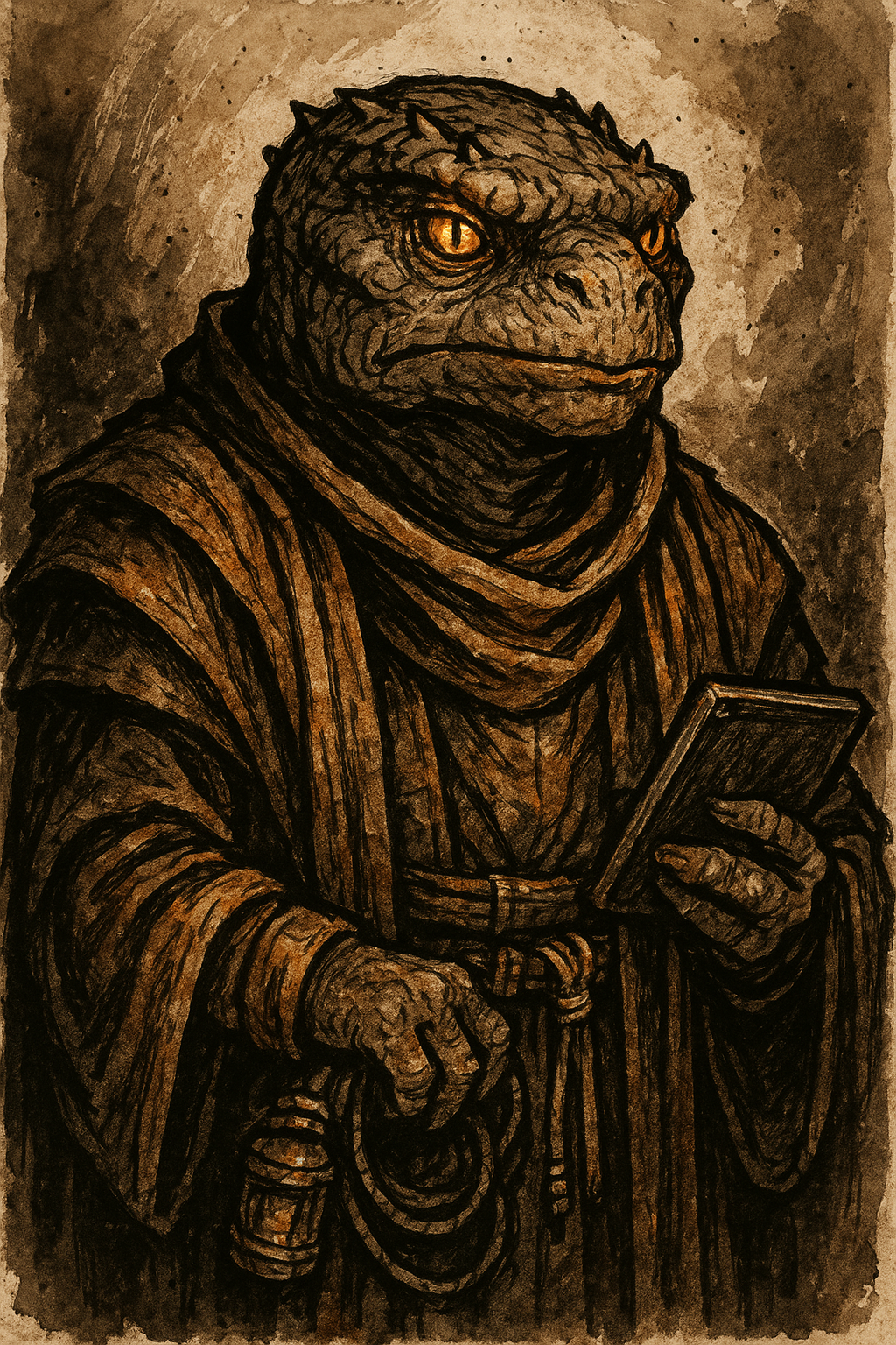 A Kromath merchant in robes, holding a data-slate with patient amber eyes