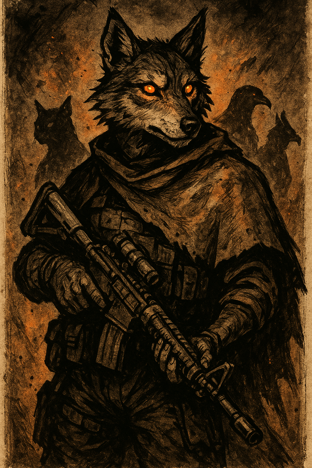 A canine Neo-Bestial in tactical gear, other animal types silhouetted behind