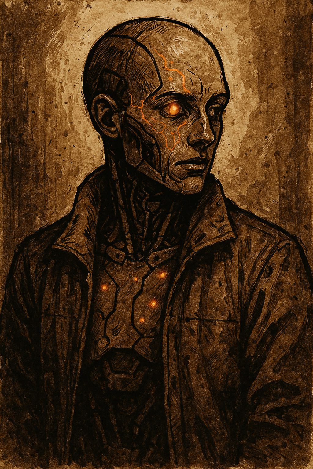 A Synthetic with visible mechanical joints and a glowing amber eye