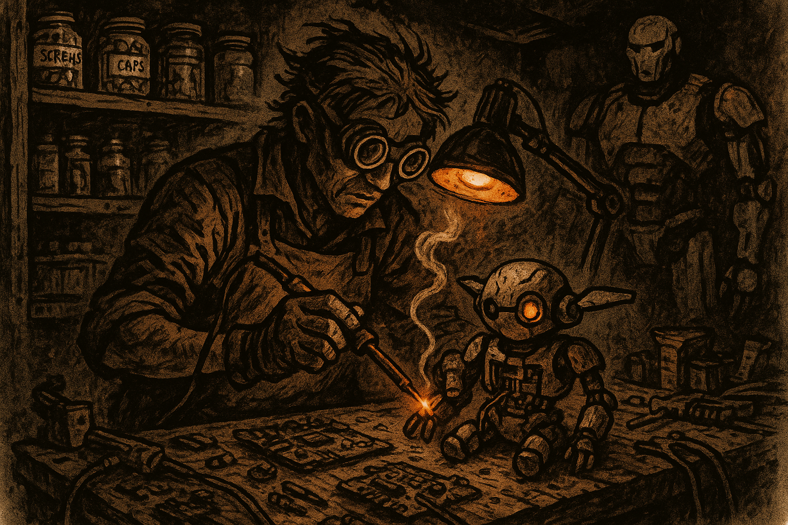 A technician's workshop filled with salvaged components, half-built devices, and jury-rigged tools