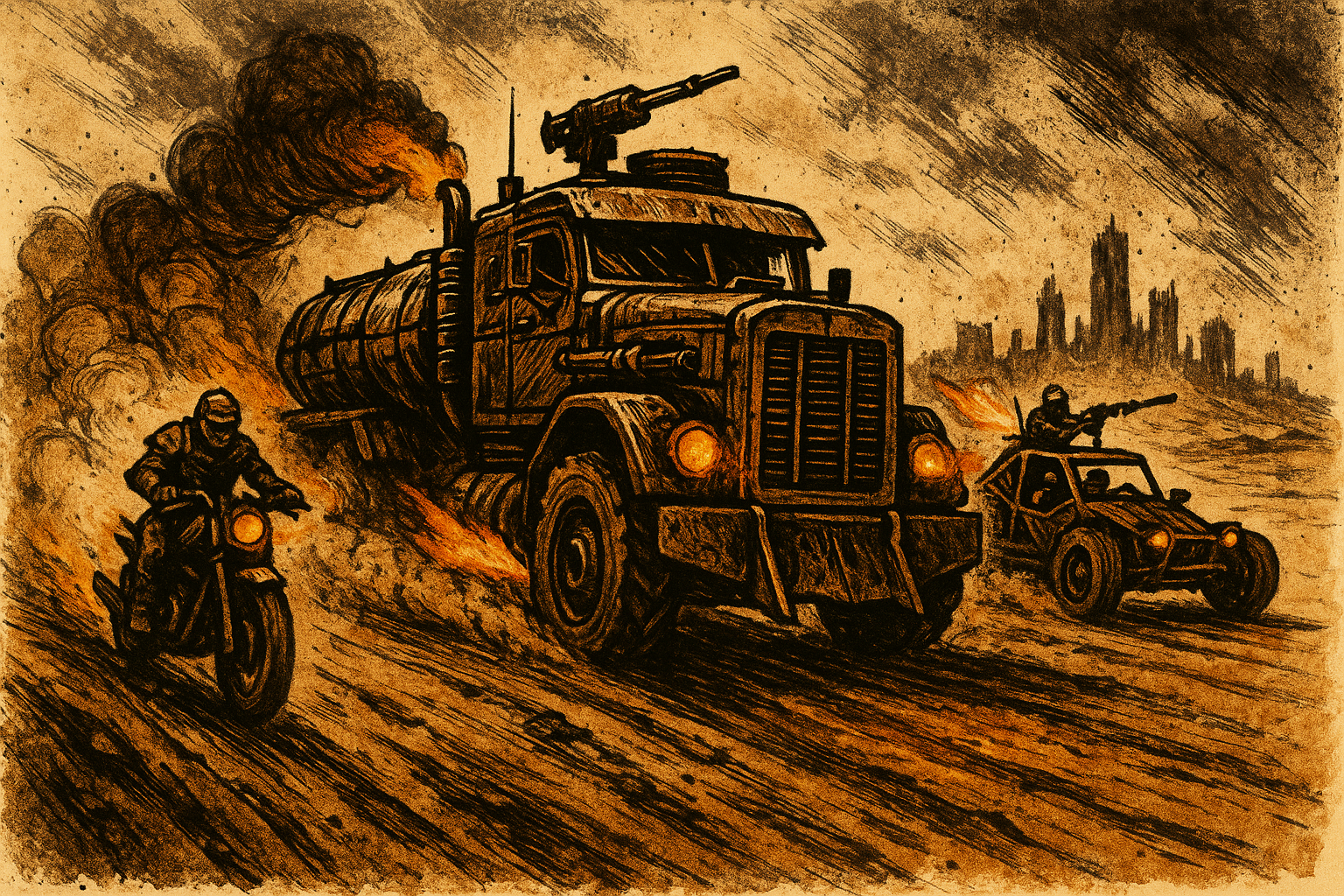 An armored war-rig convoy thunders across the wasteland, flanked by a motorcycle scout and attack buggy