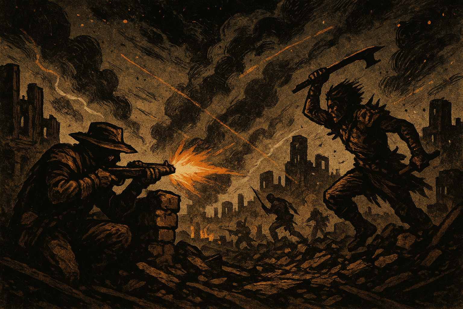 Wasteland fighters engaged in a desperate firefight on a ruined rooftop